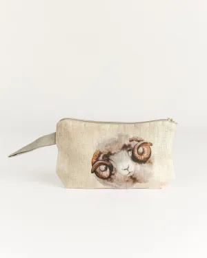 Wristlet pouch with Sheep print fabric Natural linen