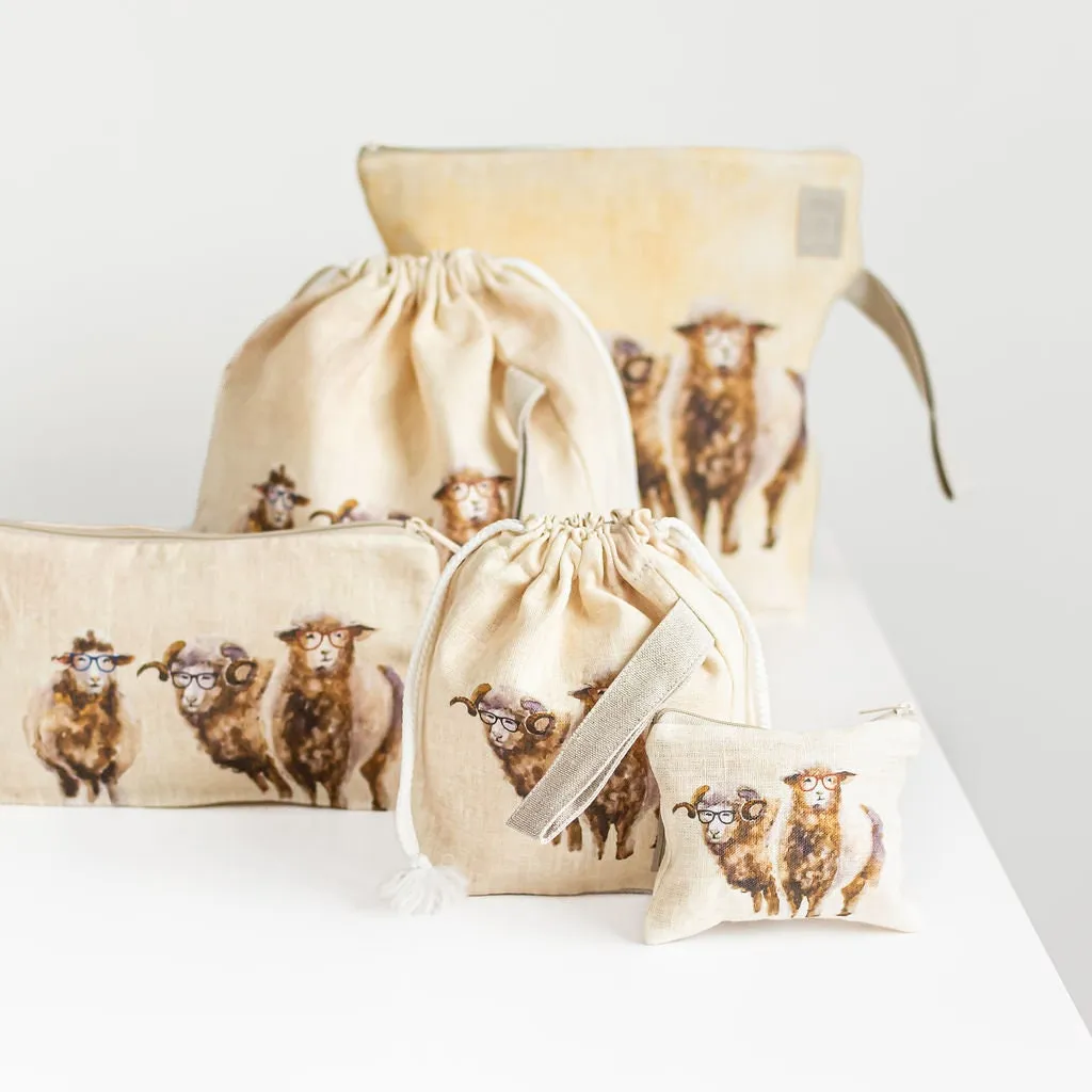 Wristlet pouch with Sheep print fabric Natural linen