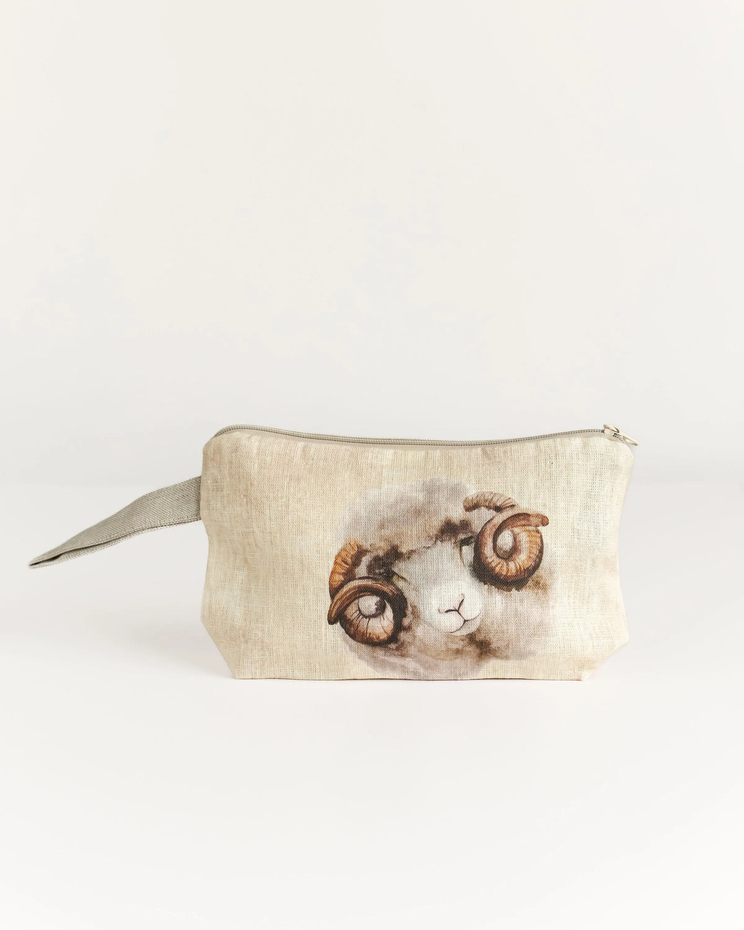 Wristlet pouch with Sheep print fabric Natural linen