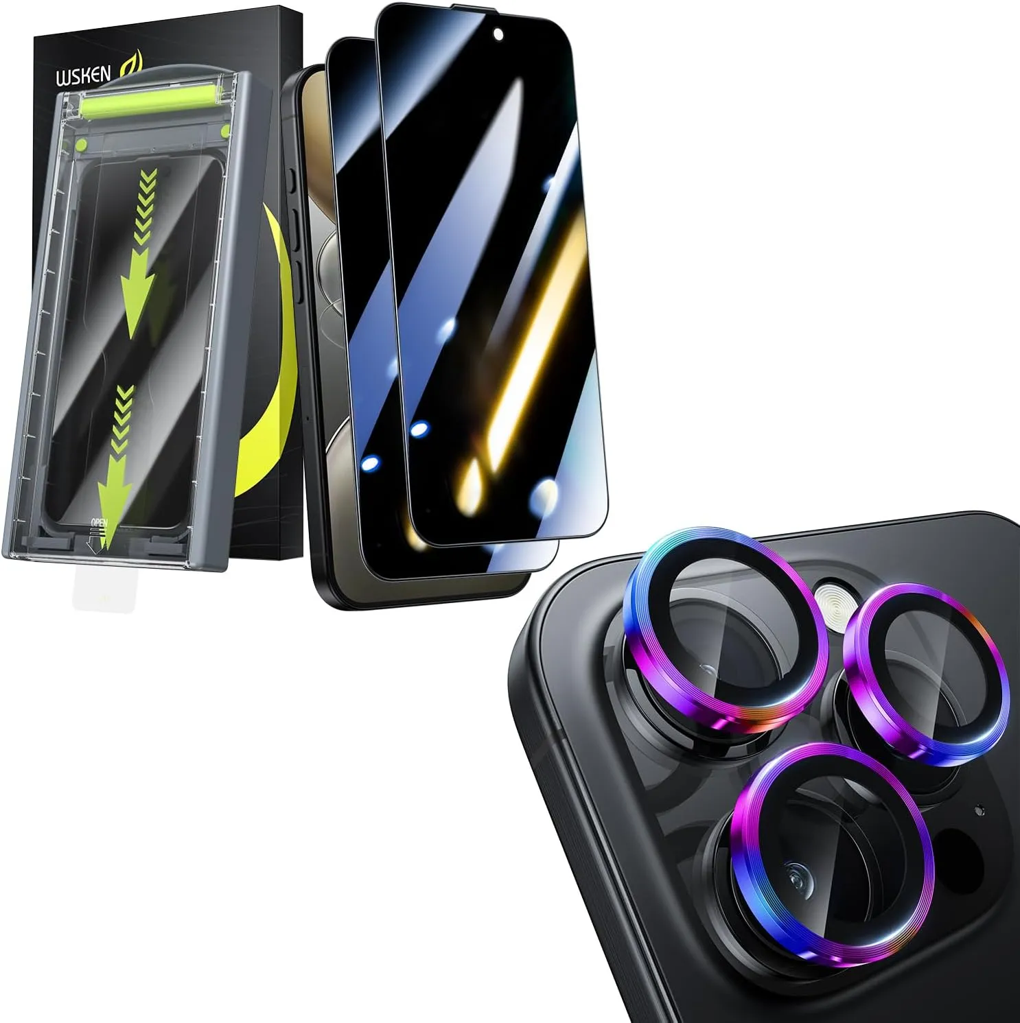 WSKEN 2PCS Privacy Screen Protector   Colorful Camera Lens Protector for iPhone 16 Pro Max