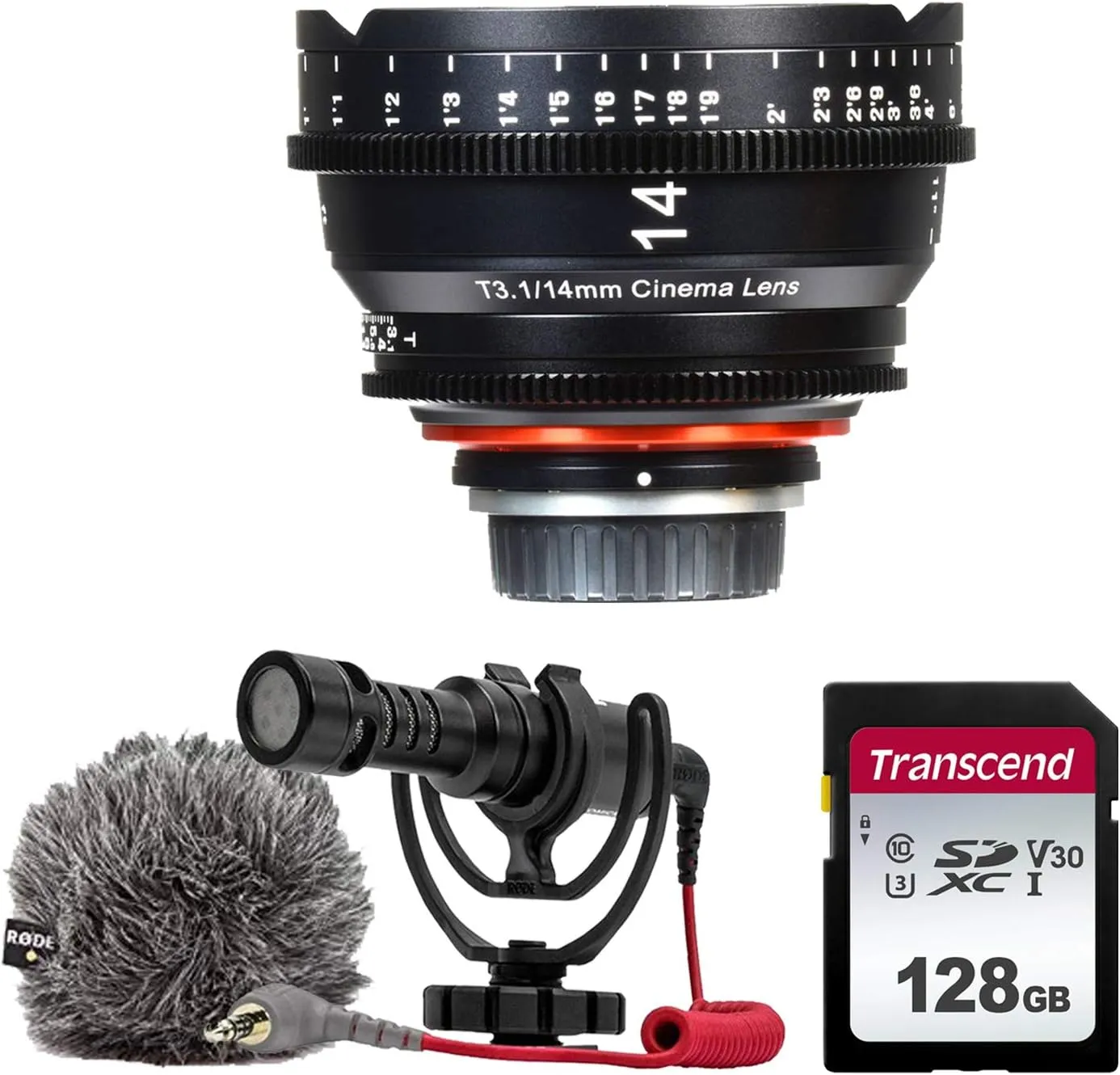 XEEN by ROKINON 14mm T3.1 Professional Cine Lens for Micro 4/3 Mount   Rode VideoMicro Compact On-Camera Microphone with Shock Mount and Furry Windshield   128GB High Speed Memory Card