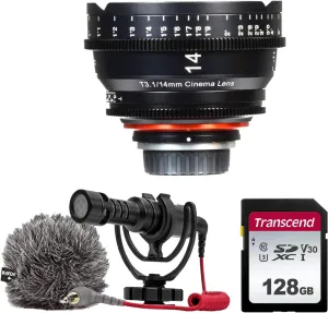 XEEN by ROKINON 14mm T3.1 Professional Cine Lens for Micro 4/3 Mount   Rode VideoMicro Compact On-Camera Microphone with Shock Mount and Furry Windshield   128GB High Speed Memory Card