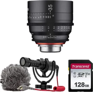 XEEN by ROKINON 35mm T1.5 Professional Cine Lens for Micro 4/3 Mount   Rode VideoMicro Compact On-Camera Microphone with Shock Mount and Furry Windshield   128GB High Speed Memory Card