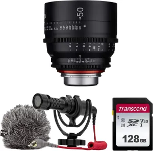 XEEN by ROKINON 50mm T1.5 Professional Cine Lens for Micro 4/3 Mount   Rode VideoMicro Compact On-Camera Microphone with Shock Mount and Furry Windshield   128GB High Speed Memory Card