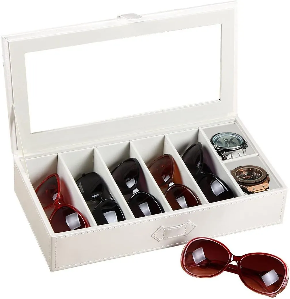 YAPISHI Sunglass Organizer with 7 Slots,Leather Glasses Organizer,Sunglasses Tray with Clear Lid,Men's/Women's Sunglasses Box,Sunglass Case,Eyeglass/Eyewear Display Tray