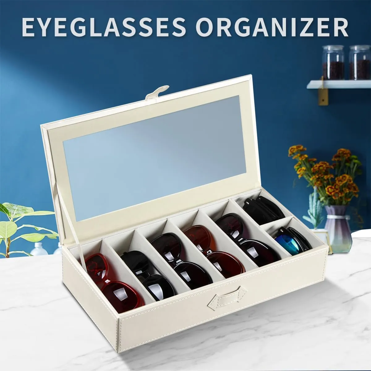 YAPISHI Sunglass Organizer with 7 Slots,Leather Glasses Organizer,Sunglasses Tray with Clear Lid,Men's/Women's Sunglasses Box,Sunglass Case,Eyeglass/Eyewear Display Tray