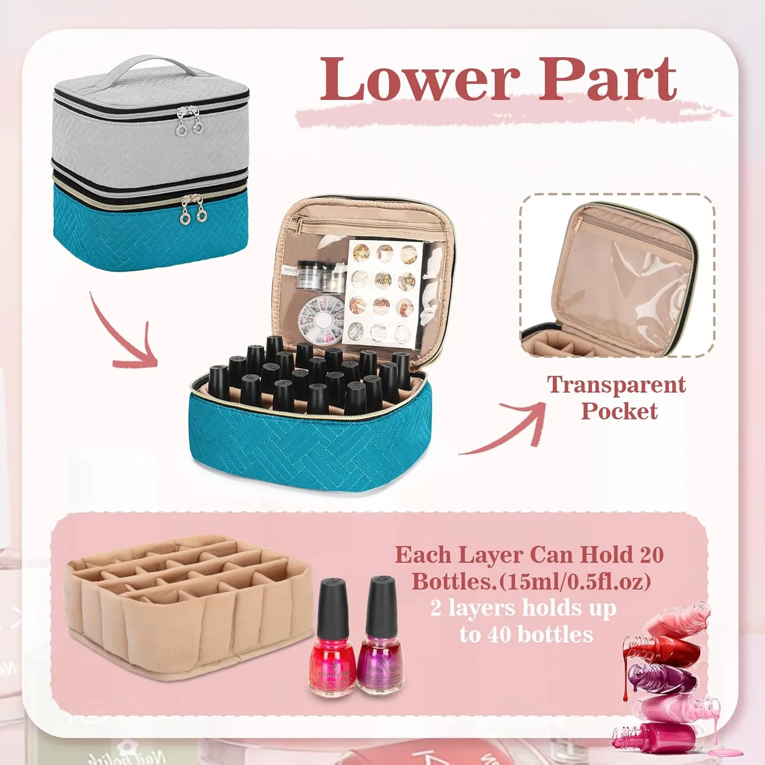 Yarwo 2 Packs Nail Polish Organizer Totally Hold 40 Bottles (15ml - 0.5 fl.oz), Nail Polish Storage Case with Adjustable Divider, Portable Nail Kit Bag for Nail Supplies, Teal (Empty Bag)