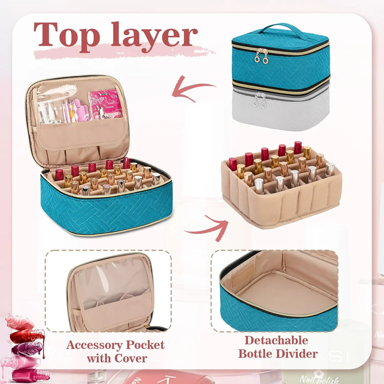 Yarwo 2 Packs Nail Polish Organizer Totally Hold 40 Bottles (15ml - 0.5 fl.oz), Nail Polish Storage Case with Adjustable Divider, Portable Nail Kit Bag for Nail Supplies, Teal (Empty Bag)