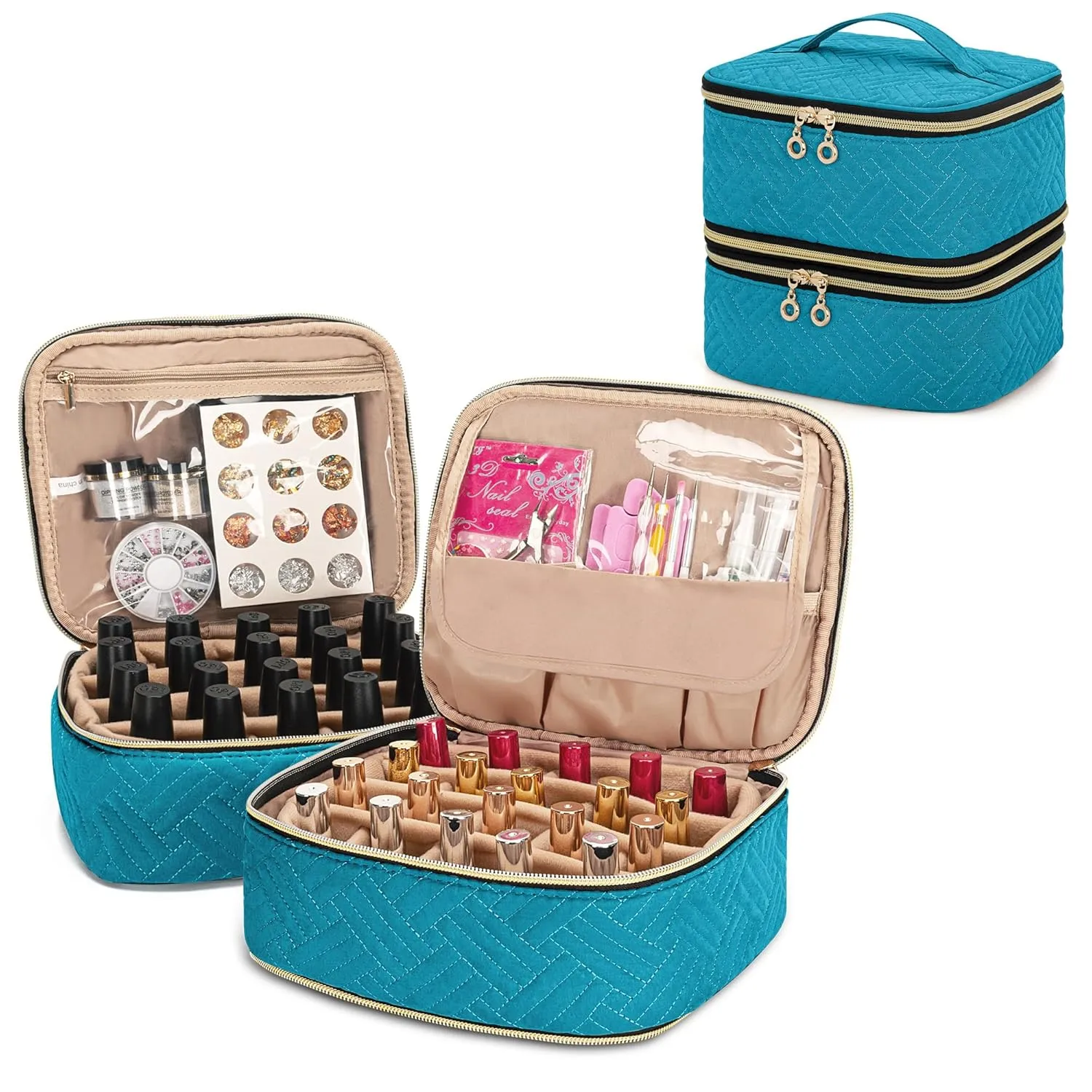 Yarwo 2 Packs Nail Polish Organizer Totally Hold 40 Bottles (15ml - 0.5 fl.oz), Nail Polish Storage Case with Adjustable Divider, Portable Nail Kit Bag for Nail Supplies, Teal (Empty Bag)
