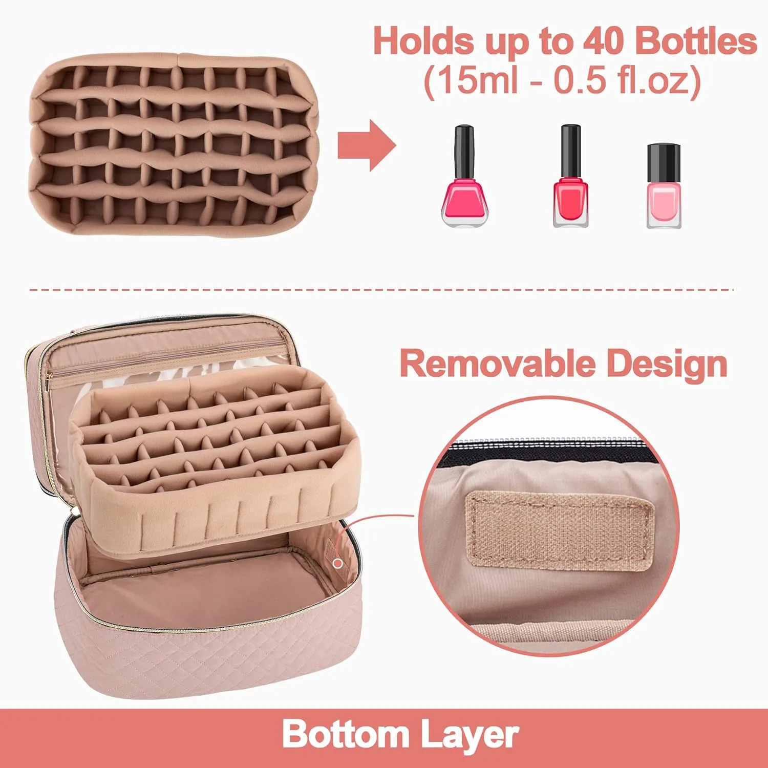 Yarwo Nail Polish Organizer Case Holds 50 Bottles(15ml/0.5 fl.oz) and Nail Lamp, Double Layers Nail Polish Bag with Adjustable Dividers for Nail Art Tools, Dusty Rose (Bag Only, Patent Design)