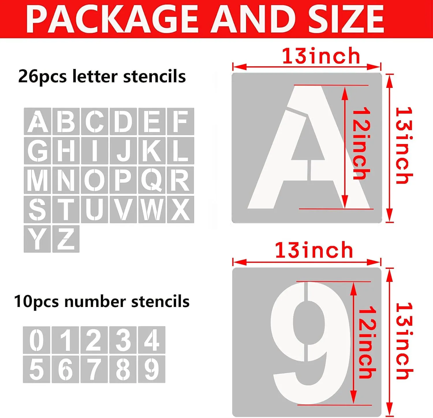 YEAJON 13 Inch Letter Stencils and Numbers, 36 Pcs Alphabet Art Craft Stencils, Reusable Plastic Templates for Wood, Wall, Fabric, Rock, Signage, DIY Art Projects