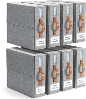 Yecaye 8 Pack Bed Sheet Organizer, Foldable Linen Closet Organizers and Storage (Queen & King Size) with Window & Label, Bedding Storage Box for Bedsheets, Duvet Covers and Pillow, Grey