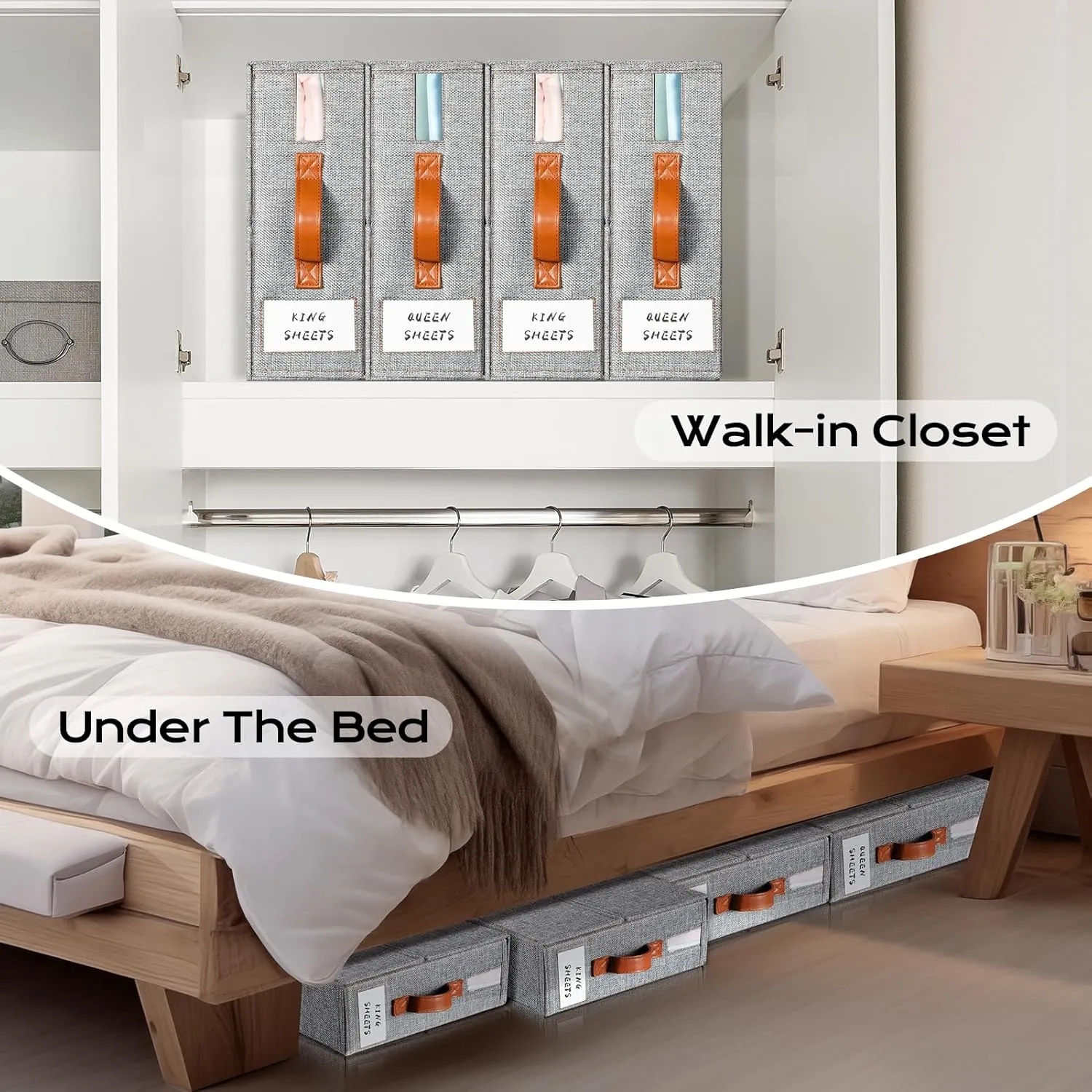Yecaye 8 Pack Bed Sheet Organizer, Foldable Linen Closet Organizers and Storage (Queen & King Size) with Window & Label, Bedding Storage Box for Bedsheets, Duvet Covers and Pillow, Grey