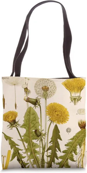 Yellow Dandelion Flower Phase Vintage Botanical Illustration Tote Bag
