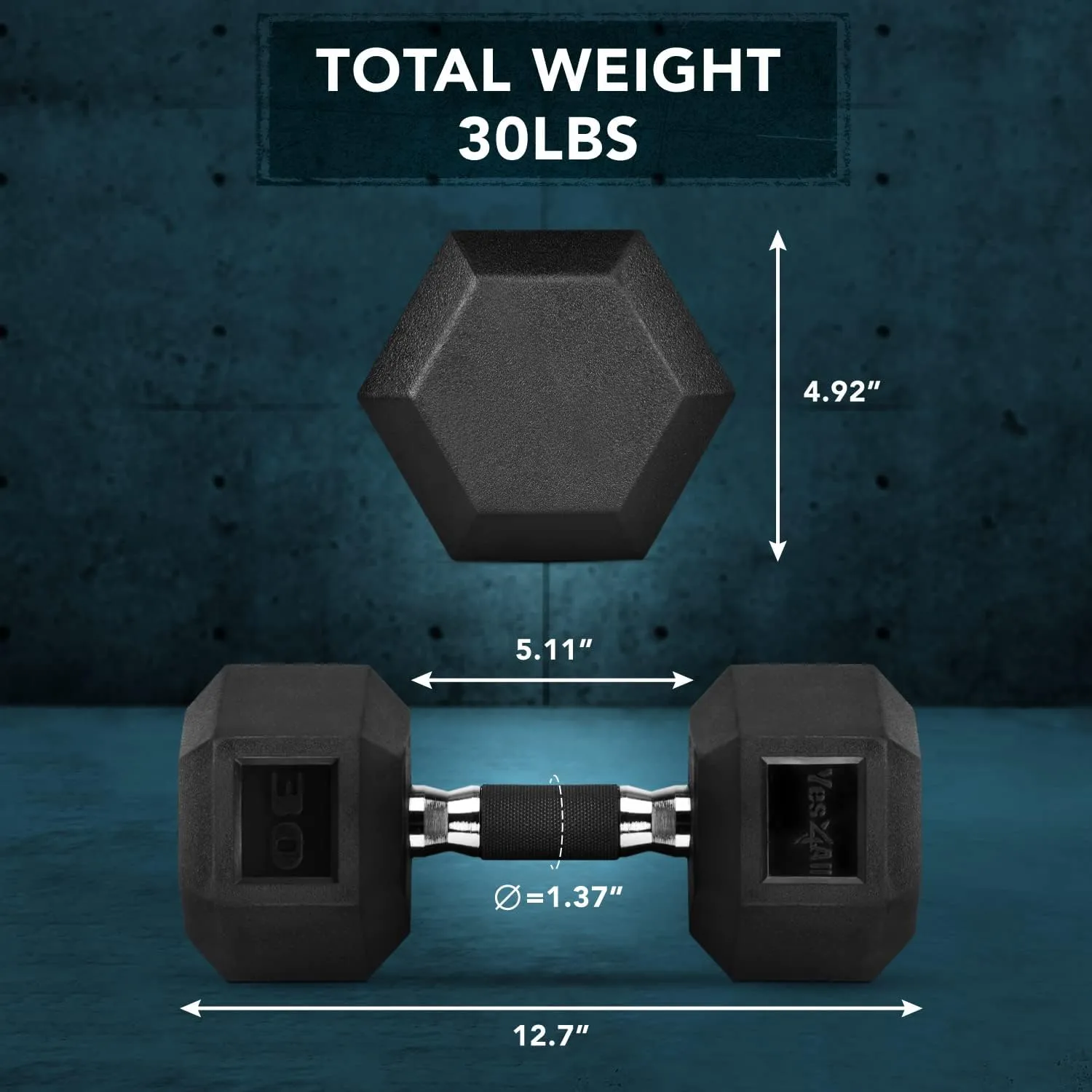 Yes4All Rubber Grip Encased Hex Dumbbell – Hand Weights With Anti-Slip 5-50 LBS Single