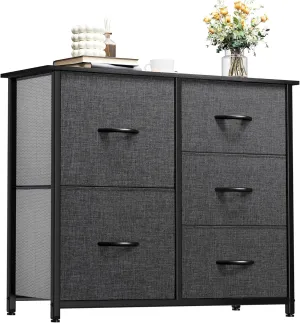 YITAHOME Dresser for Bedroom with 5 Drawers, Wide Bedroom Fabric Dresser with Storage Bins, Clothes Cabinet for Bedroom, Living Room, Hallway, Black Grey