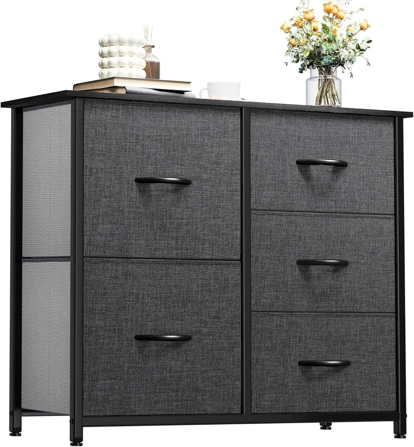YITAHOME Dresser for Bedroom with 5 Drawers, Wide Bedroom Fabric Dresser with Storage Bins, Clothes Cabinet for Bedroom, Living Room, Hallway, Black Grey