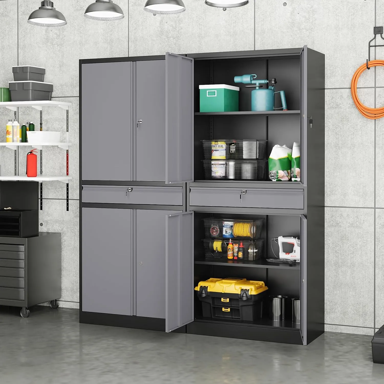 Yizosh Metal Garage Storage Cabinet with Locking Doors and Adjustable Shelves, 71" Steel Tool Storage Cabinet with 1 Drawer for Garage,Office,Warehouse (Gray Black)