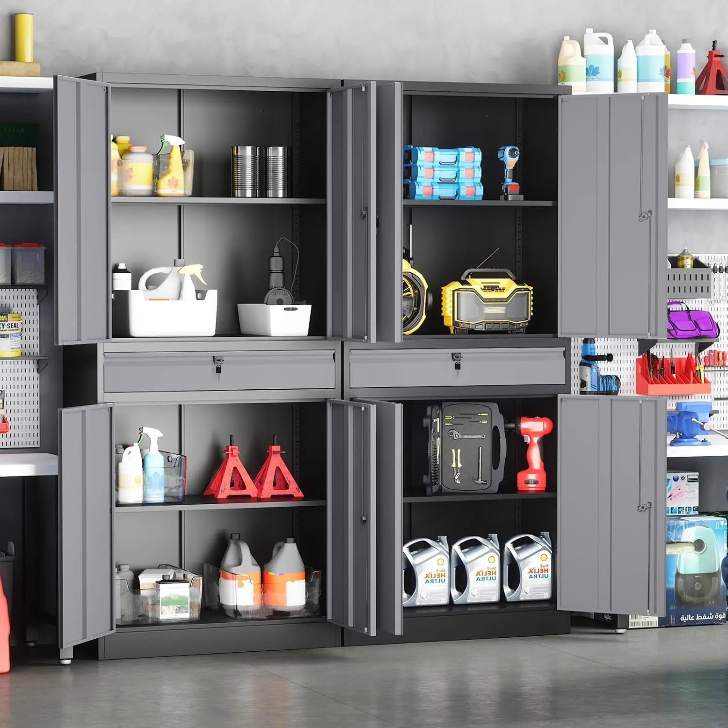 Yizosh Metal Garage Storage Cabinet with Locking Doors and Adjustable Shelves, 71" Steel Tool Storage Cabinet with 1 Drawer for Garage,Office,Warehouse (Gray Black)