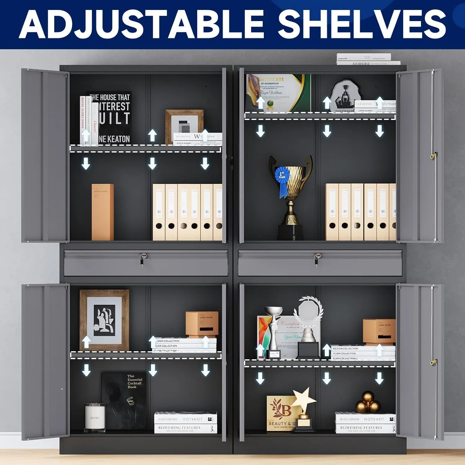 Yizosh Metal Garage Storage Cabinet with Locking Doors and Adjustable Shelves, 71" Steel Tool Storage Cabinet with 1 Drawer for Garage,Office,Warehouse (Gray Black)