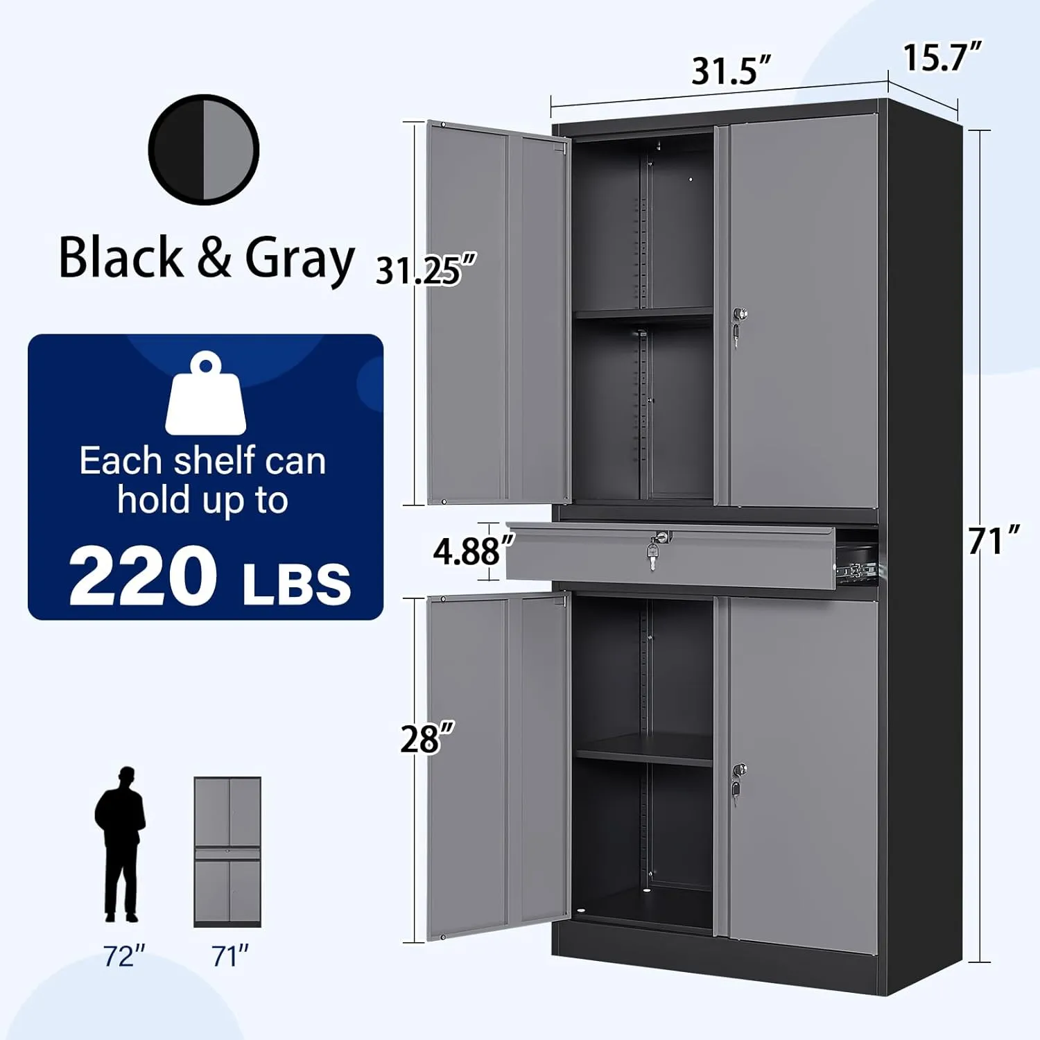 Yizosh Metal Garage Storage Cabinet with Locking Doors and Adjustable Shelves, 71" Steel Tool Storage Cabinet with 1 Drawer for Garage,Office,Warehouse (Gray Black)