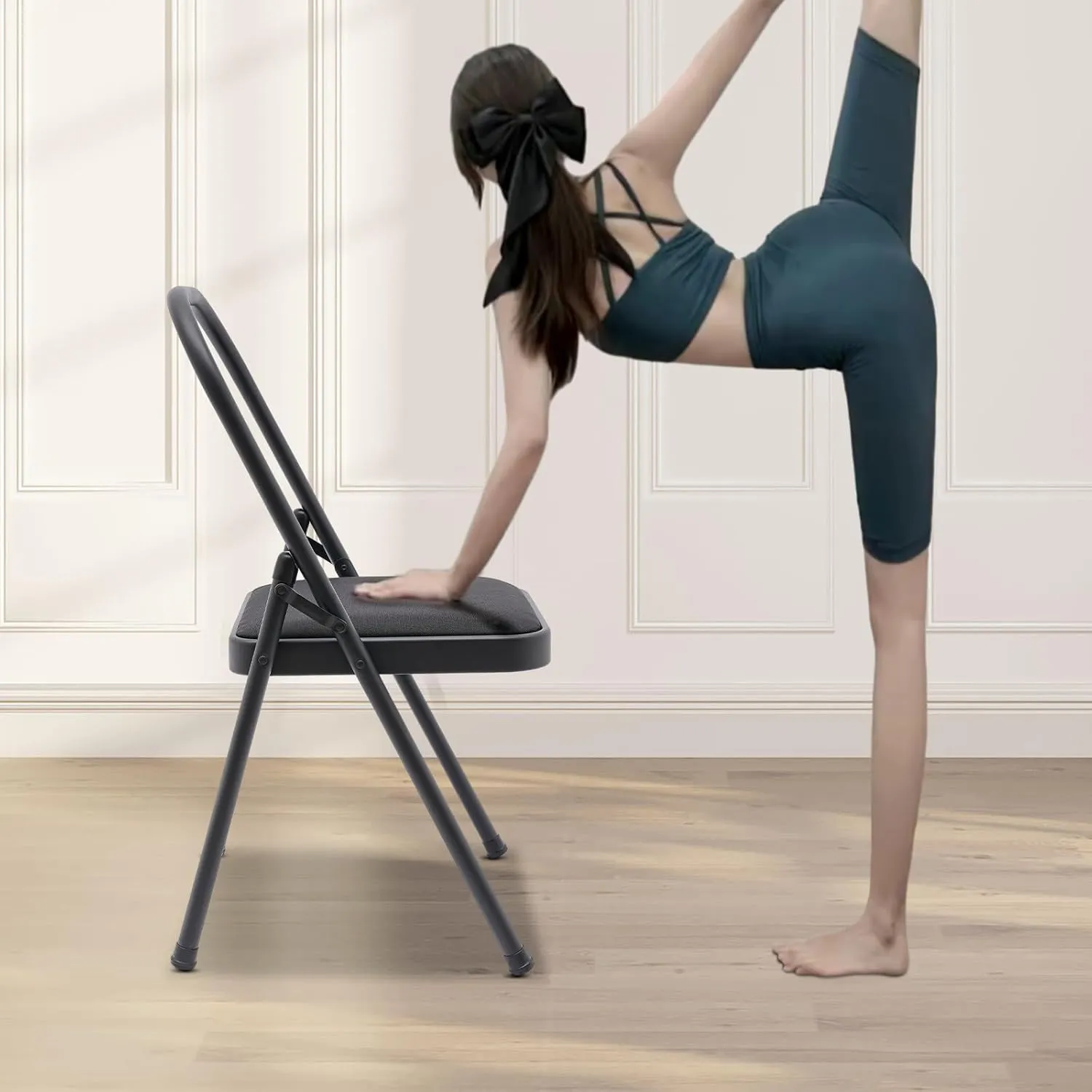 Yoga Auxiliary Chair with Lumbar Back Support, Foldable Balance Handstand Training Tool Yoga Equipment, Abs & Core Strength Training Inversion Equipment Yoga Practice Balance Chair for Adults (Black)