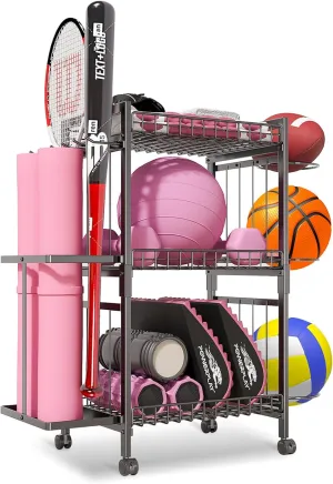 Yoga Mat Storage Rack, Home Gym Storage Rack for Dumbbells Kettlebells Foam Roller and Yoga Strap, Workout Equipment Storage Organizer With Hooks ＆ Wheels, Gym Equipment Storage for Home Exercise