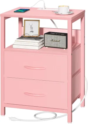 Yoobure Nightstand with Charging Station, Small Night Stand with Fabric Drawers and Storage Shelf for Bedrooms, Nightstands for Small Spaces, Bedside Table with USB Ports & Outlets Bed Side Table