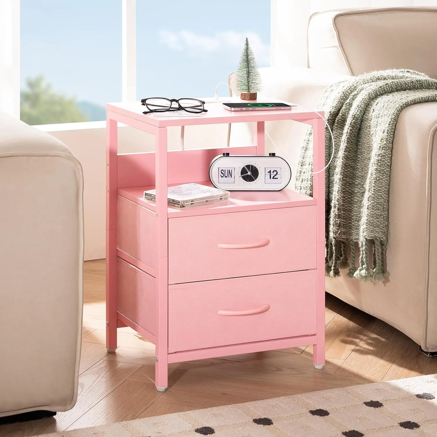Yoobure Nightstand with Charging Station, Small Night Stand with Fabric Drawers and Storage Shelf for Bedrooms, Nightstands for Small Spaces, Bedside Table with USB Ports & Outlets Bed Side Table