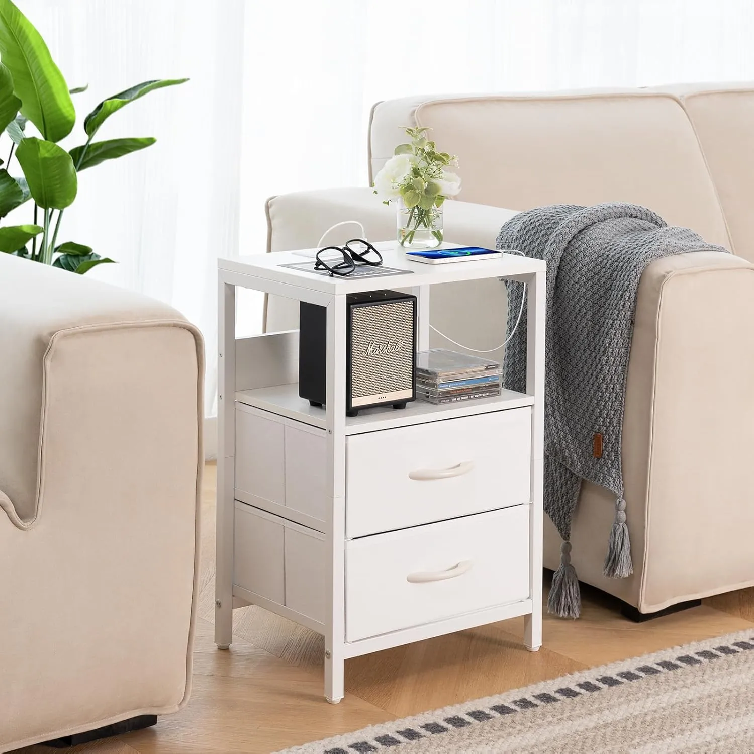 Yoobure Nightstand with Charging Station, Small Night Stand with Fabric Drawers and Storage Shelf for Bedrooms, Nightstands for Small Spaces, Bedside Table with USB Ports & Outlets, Bed Side Table