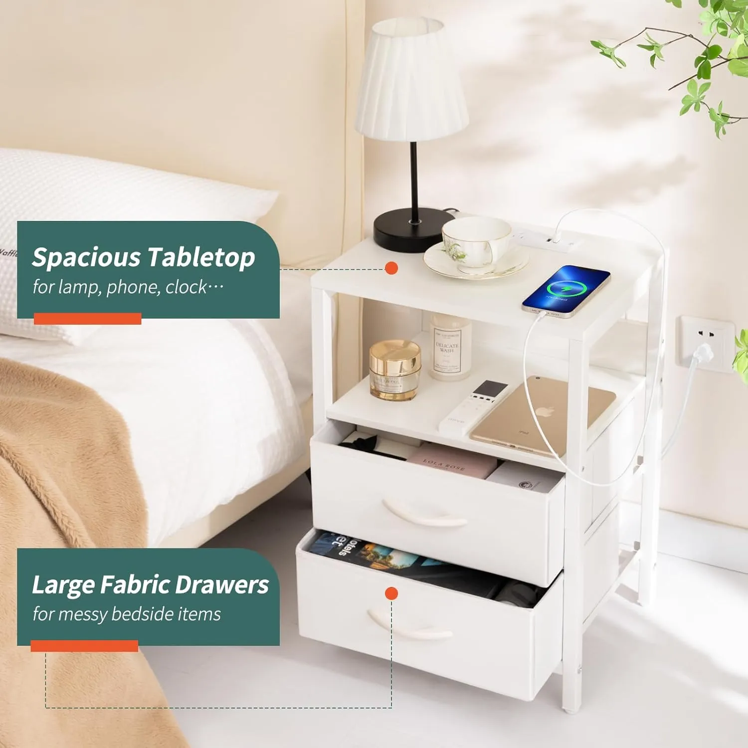 Yoobure Nightstand with Charging Station, Small Night Stand with Fabric Drawers and Storage Shelf for Bedrooms, Nightstands for Small Spaces, Bedside Table with USB Ports & Outlets, Bed Side Table
