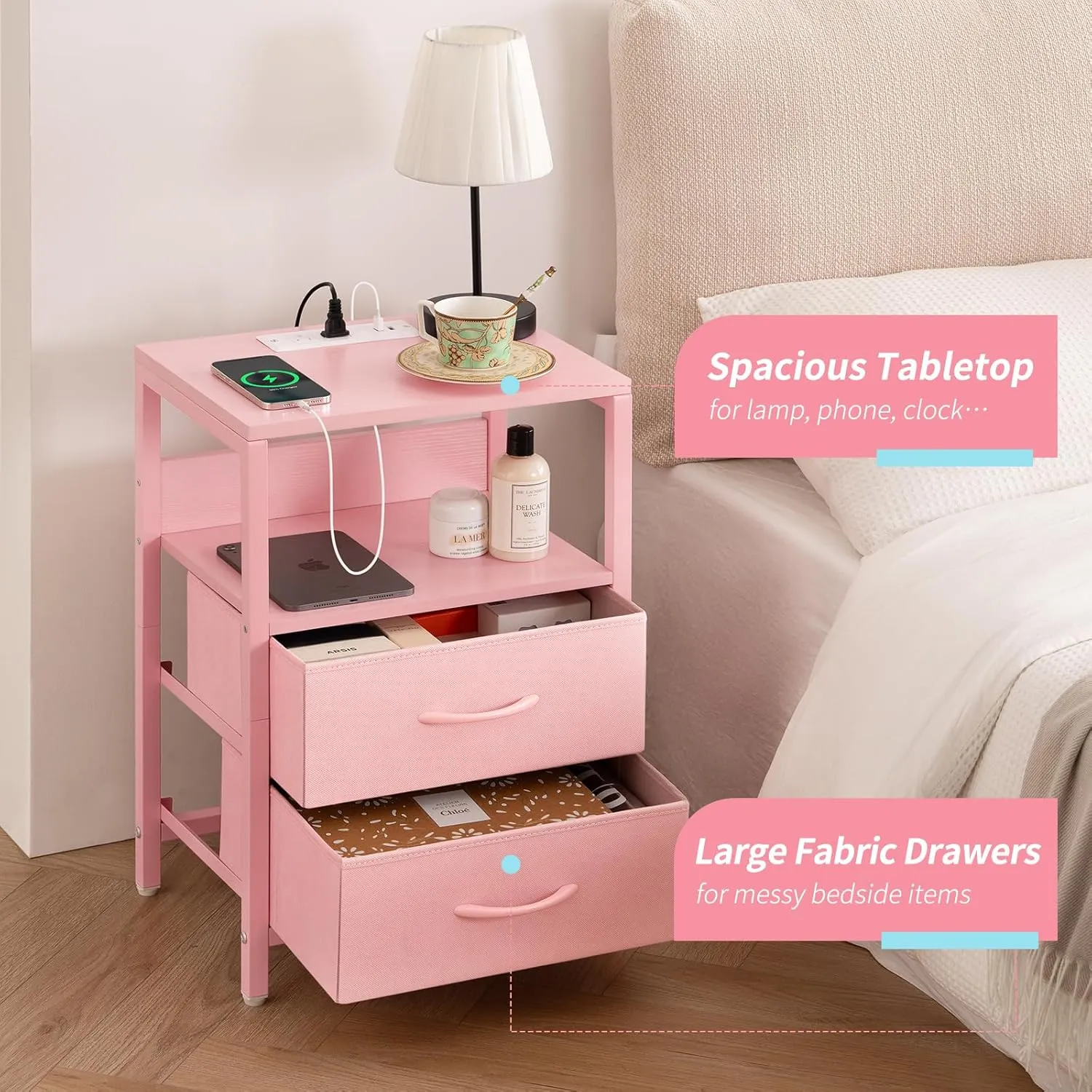 Yoobure Nightstand with Charging Station, Small Night Stand with Fabric Drawers and Storage Shelf for Bedrooms, Nightstands for Small Spaces, Bedside Table with USB Ports & Outlets Bed Side Table