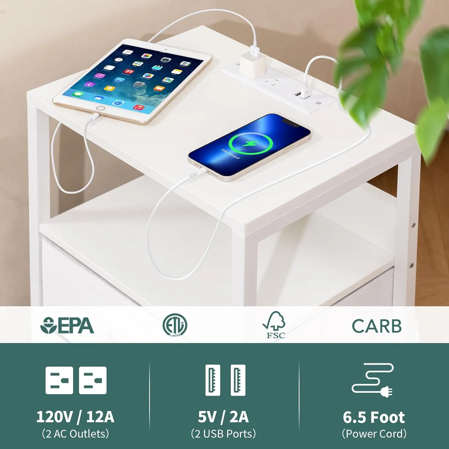 Yoobure Nightstand with Charging Station, Small Night Stand with Fabric Drawers and Storage Shelf for Bedrooms, Nightstands for Small Spaces, Bedside Table with USB Ports & Outlets, Bed Side Table