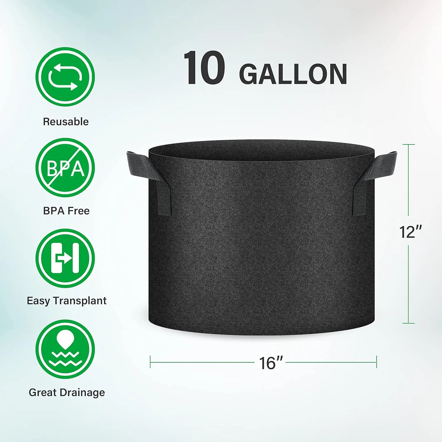 YSSOA 10-Pack 10 Gallon Grow Bags, Tomoato Plant Pots with Handles, Aeration Nonwoven Fabric, Heavy Duty Gardening Planter for Vegetable, Fruits and Flowers, Black