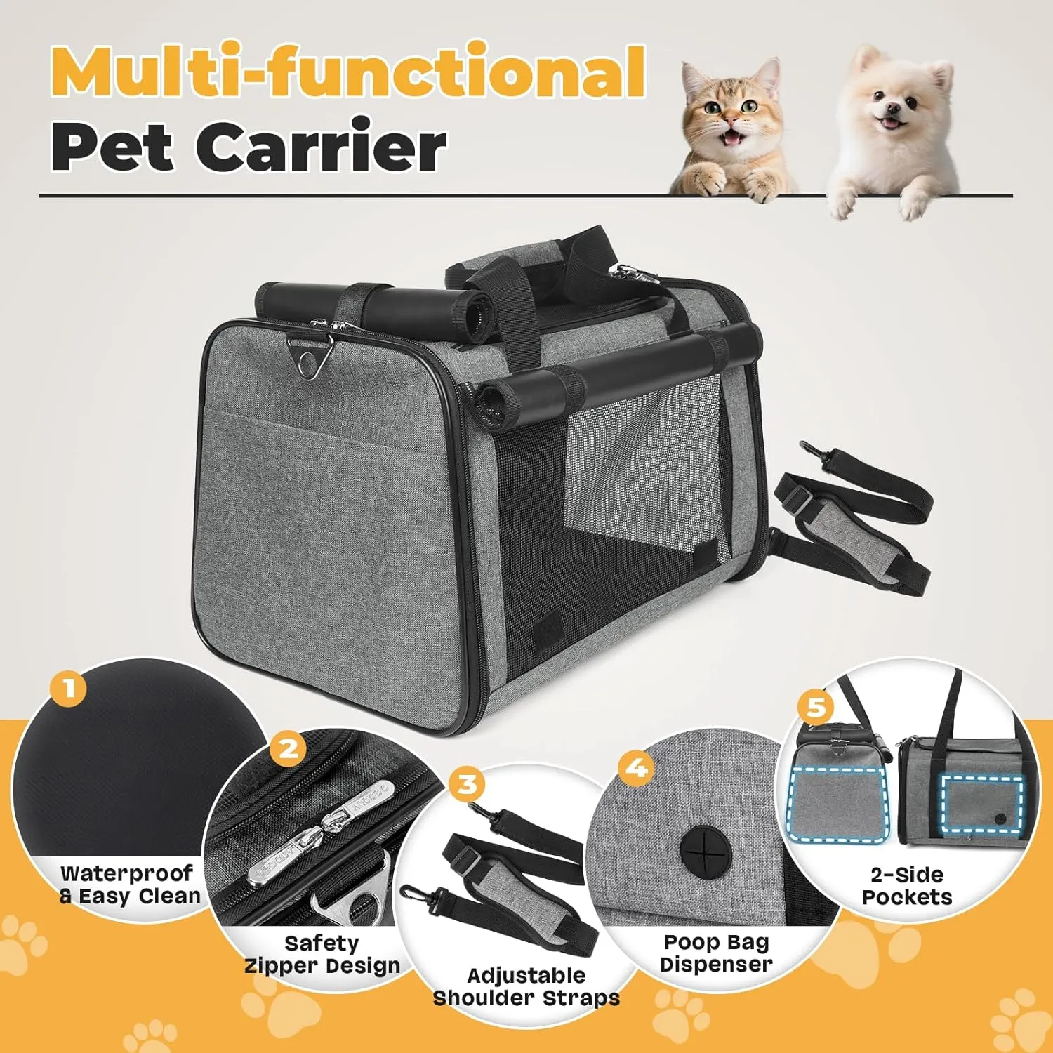YUDODO 25 lbs Lightproof Soft Sided Pet Carrier for Large Cat & Small Dog Airline Approved Travel Puppy Carrier with Side Pockets & Reflective Mesh, Foldable Portable for Outdoor Car Grey Green