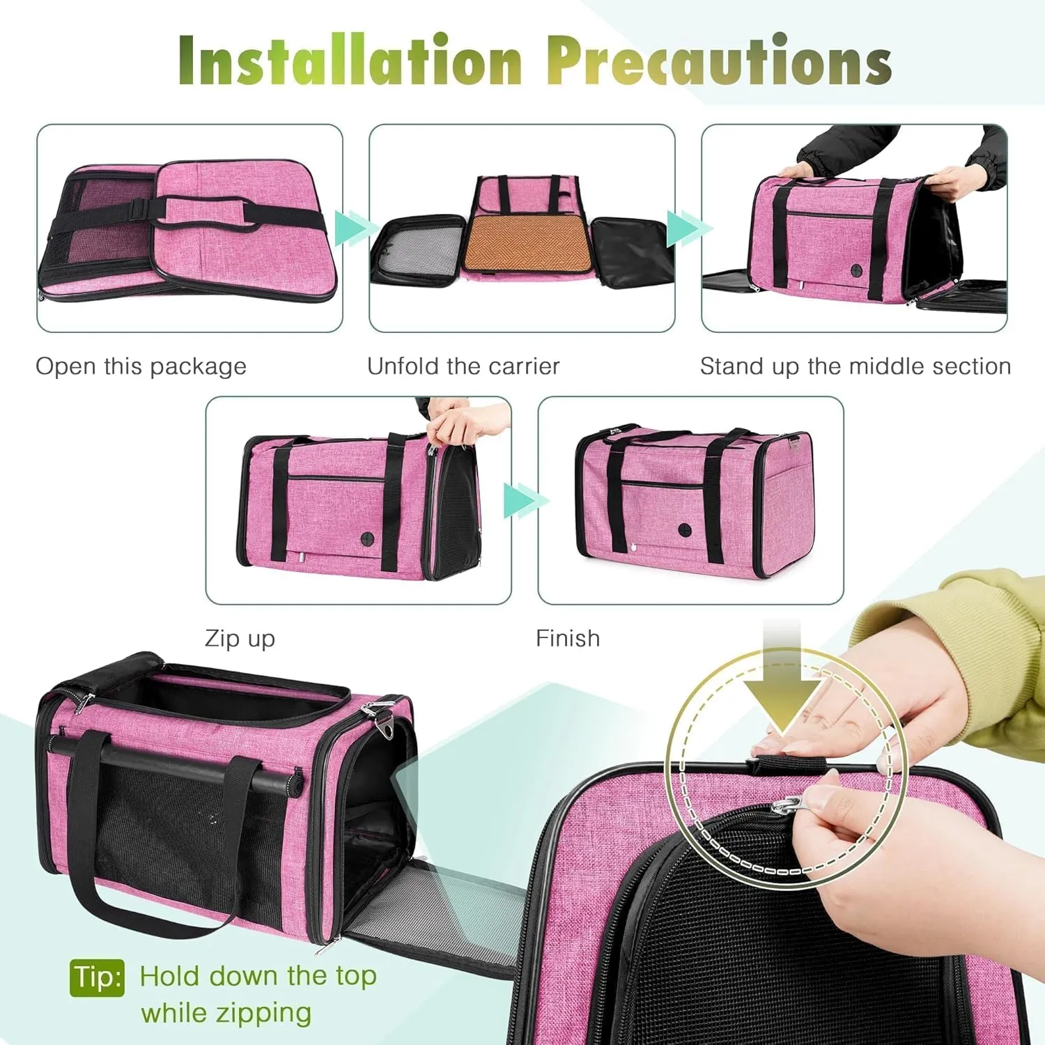 YUDODO 25 lbs Lightproof Soft Sided Pink Pet Carrier for Large Cat & Small Dog Airline Approved Travel Bag Puppy Carriers with Side Pockets & Reflective Mesh, Foldable Portable for Outdoor Car