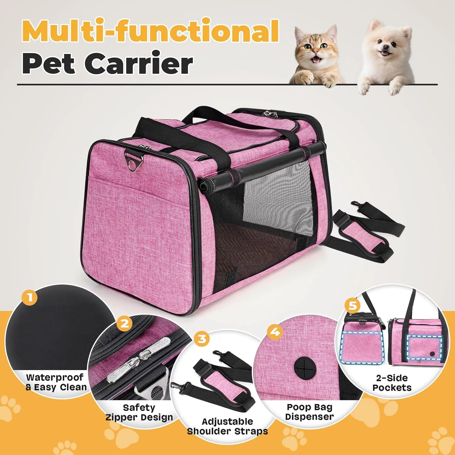 YUDODO 25 lbs Lightproof Soft Sided Pink Pet Carrier for Large Cat & Small Dog Airline Approved Travel Bag Puppy Carriers with Side Pockets & Reflective Mesh, Foldable Portable for Outdoor Car