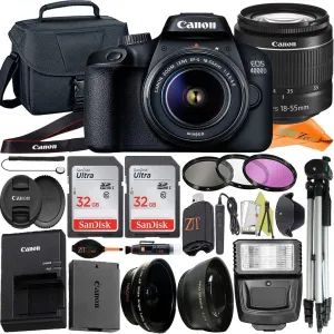 ZeeTech Eos 4000d Rebel T100 DSLR Camera 18-55mm Zoom Lens   ZeeTech Accessory Bundle with 2 Pack SanDisk 32Gb Memory Card, Bag Case, Tripod and Slave Flash Light (Renewed)